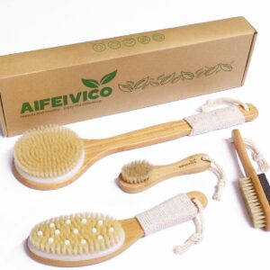 Natural Boar Bristle Dry Brush – Exfoliating Body, Face & Foot Brush, Long Handle Back Scrubber, Meridian Pressure for Lymphatic Drainage & Cellulite