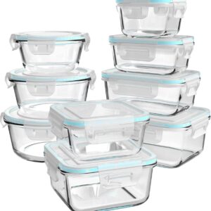 Glass Food Storage Containers with Lids, [18 Piece] Glass Meal Prep Containers, Containers for Food Storage with Lids, BPA Free & Leak Proof (9 Lid & 9 Container)