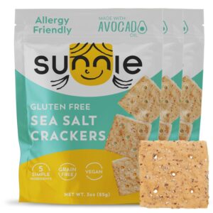 Sunnie Gluten Free Crackers – Healthy Grain Free Sea Salt Crackers, Snacks for Kids & Adults, Made with Avocado Oil, Only 5 Ingredients, Vegan Snack, Low Calorie, Individually Wrapped Snacks (3 oz – Pack of 3)