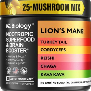 Kava Kava Root Cordyceps Lions Mane Reishi Mushroom Supplement, Nootropic Mushrooms Capsules Kava Kava Extract, Mushroom Vitamins for Women, Energy Mushrooms, Ashwagandha, Magnesium – 60 Caps (1 Pack)