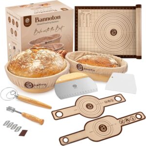 9″ Round and 10″ Oval Banneton Bread Proofing Baskets and Sourdough Bread Baking Supplies, A Complete Sourdough Kit with Bread Lame, Danish Whish, Bowl & Dough Scraper, 2 Bread Slings, and Baking Mat