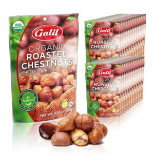 Galil Organic Roasted Chestnuts Pack of 24 Shelled & Ready to Eat Chestnuts – Gluten Free, Vegan, Organic, Non-GMO, Kosher Snacks – Great for Baking, Cooking & Turkey Stuffing 3.5oz Bags